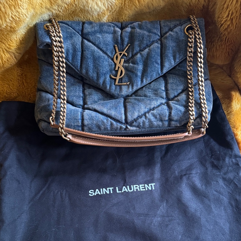 Saint Laurent Denim Monogram puffer chain Shoulder Bag rodeo, blue, and cinnamon